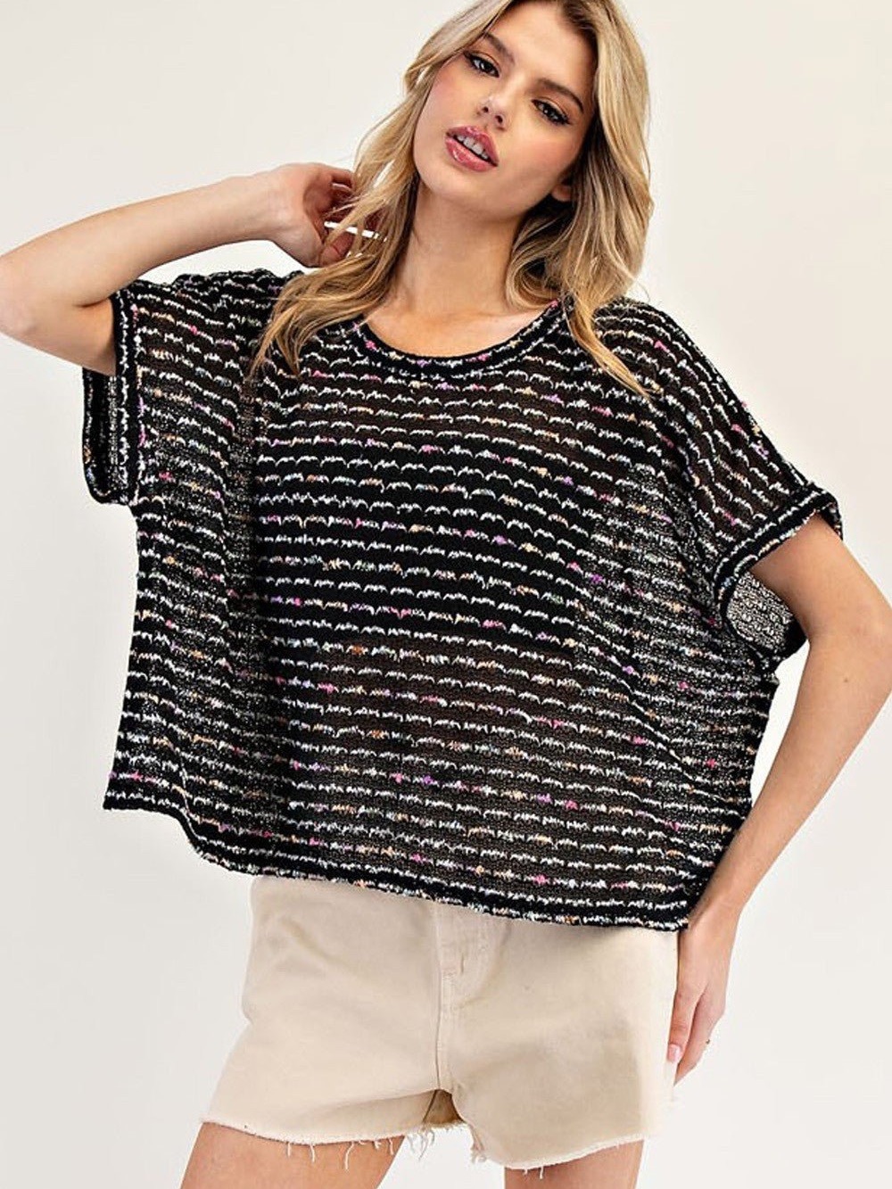 eesome Black Striped Knit Tunic with Pink and White Threading